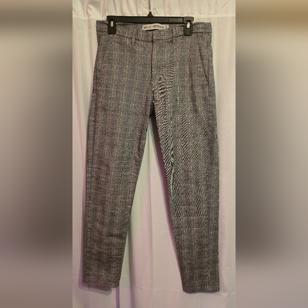 Men's Grey Plaid Stretch Slim Pants, 32x32